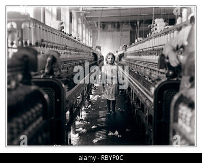 CHILD CHILDREN LABOUR UNDERAGE WORK POVERTY WORKERS RIGHTS Archive 1900’s B&W stark image of underage young girl in hazardous forced work slavery. Child labour worker in the Mollohan Cotton Mills, Newberry, South Carolina, USA December 1908 Stock Photo