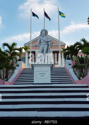 Christopher Columbus 'discovered' the new world when he landed on San Salvador, The Bahamas, in 1492. A statue was erected in his honor in 1830. Stock Photo