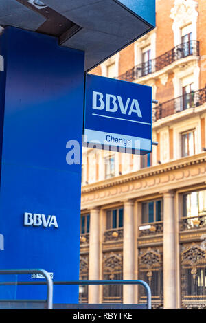 BBVA bank office in Valencia city center.Banco Bilbao Vizcaya Argentaria, S.A. is a multinational Spanish banking and crediting  group. Stock Photo