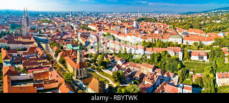 Zagreb cathedral and upper city aerial panoramic view, capital of Croatia Stock Photo