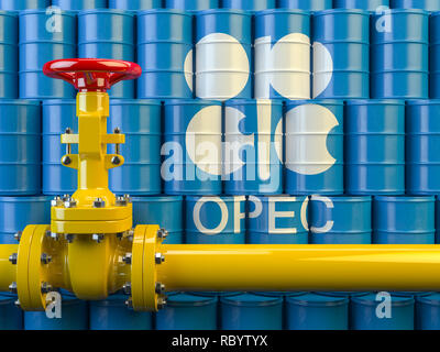 Oil pipe line valve in front of the barrels with OPEC siymbol. 3d illustration Stock Photo