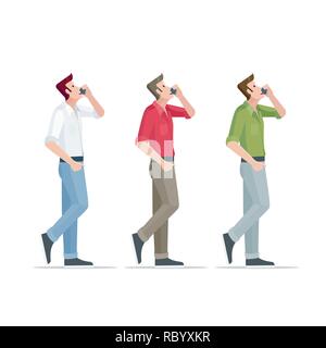 Man is talking on the phone with different clothes. Vector illustration. Stock Vector