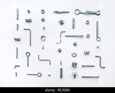 Collection set of house repair tools, wrenchs, screw, bolts on white background,flat lay pattern design Stock Photo