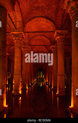 Basilica Cistern indoors shot, also known as Yerebatan Sarayi (meaning Sunken Palace) or Yerebatan Sarnici (Sunken or Underground Cistern) Stock Photo