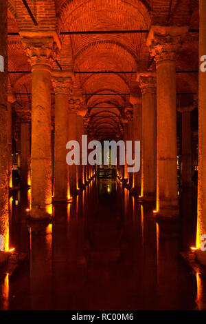 Basilica Cistern indoors shot, also known as Yerebatan Sarayi (meaning Sunken Palace) or Yerebatan Sarnici (Sunken or Underground Cistern) Stock Photo