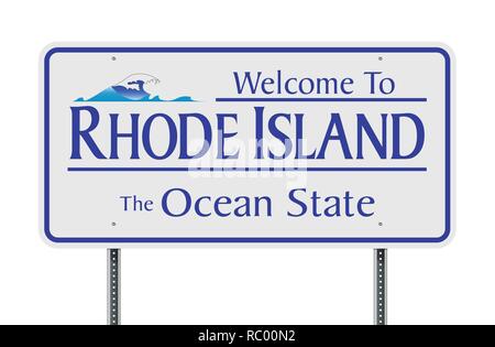 Vector illustration of the Welcome to Rhode Island white road sign Stock Vector