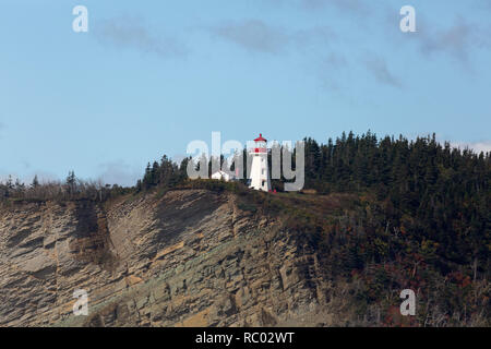 The Cape Gaspé Lighthouse (Phare de Cap-Gaspé) at Cape Gaspé in Forillon National Park on the Gaspé Peninsual of Quebec, Canada. Stock Photo