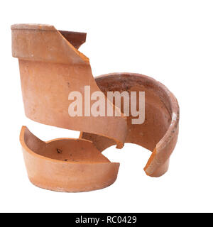 A broken terracotta flowerpot isolated on white, frost damage. Stock Photo