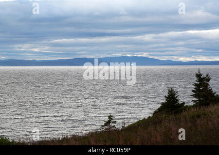 A cruise ship sails from Gaspé  by Forillon National Park on the Gaspé Peninsula of Quebec, Canada. Gaspé is a port of call for several cruise lines. Stock Photo