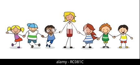 kindergarten group of children with female teacher holding hands Stock Photo