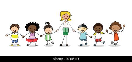 kids in kindergarten,  group of children with female teacher holding hands Stock Photo