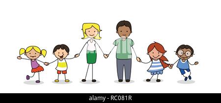 family holding hands, children and parents illustration Stock Photo