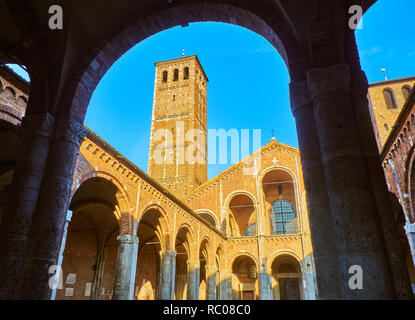 View of the west facade from the Ansperto Atrium of the Basilica of Sant'Ambrogio. Milan, Lombardy, Italy.