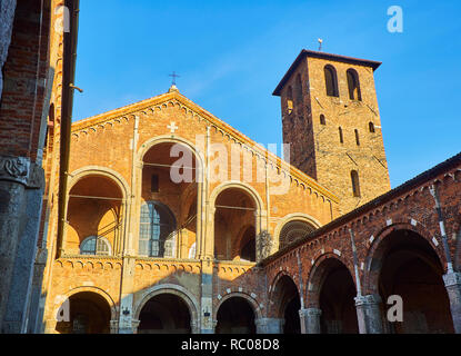 View of the west facade from the Ansperto Atrium of the Basilica of Sant'Ambrogio. Milan, Lombardy, Italy.