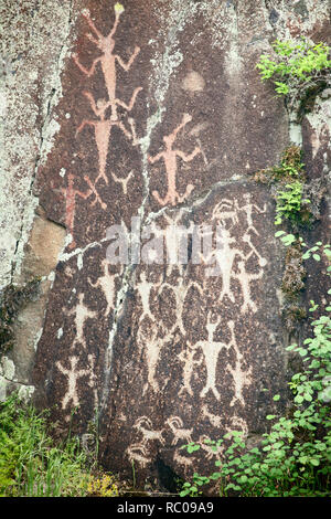 Native American petroglyphs at Buffalo Eddy in the Snake River in Hells Canyon National Recreation Area. Stock Photo