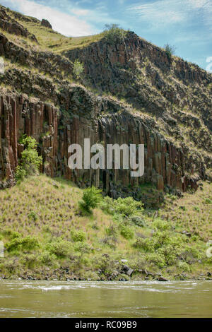 Rhyolite is an igneous rock.  The structures are referred to as columnar jointing.  Viewed fromSnake River in Hells Canyon National Recreation Area. Stock Photo