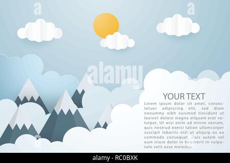 Creative vector illustration of mountain landscape with sun and clouds paper cut style. Sunrise and sunset over mountains. Digital art paper craft. Wa Stock Vector