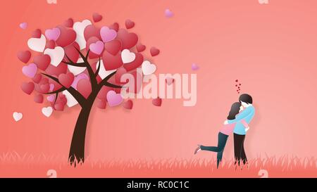 Creative of love valentines day concept. Love couple hug under love heart tree background. Vector illustration invitation card Valentine's day paper c Stock Vector