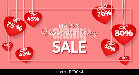 Valentine's Day Sale Card with Red Hearts on Pink Background Stock Vector