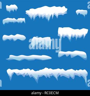 Set of snow icicles, snow cap isolated. Snowy elements on winter background. Vector template in cartoon style Stock Vector