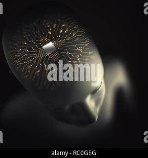 Artificial brain made of microprocessor with electrical connections and binary pulses representing the human nervous system. Concept of artificial int Stock Photo