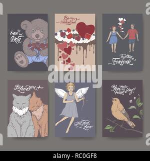 Six A4 format color Valentine cards with teddy bear, cake, cats, cupid, boy and girl, singing bird and brush lettering. Stock Vector