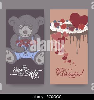 Two color Valentine romantic banners with teddy bear, cake decorated with hearts and brush lettering. Stock Vector