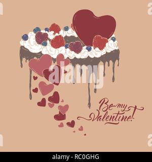 Romantic color card with holiday cake on yellow and brush lettering saing Be my Valentine. Stock Vector