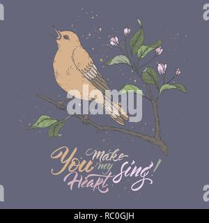 Valentine romantic color card with singing bird on blue and brush lettering saing You make my heart sing. Stock Vector