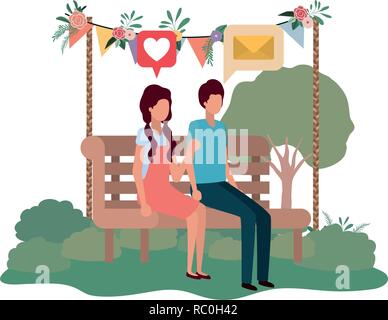 couple sitting on park chair with speech bubbles Stock Vector