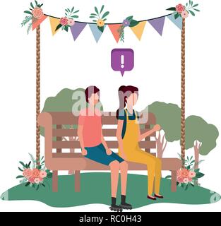 couple sitting on park chair with speech bubbles Stock Vector