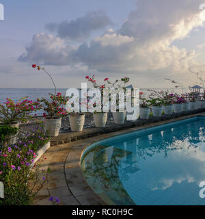 A Balinese pool overlooking the Bali Sea in the village of Amed. Flowers reflected in the water surface. Square image. Stock Photo