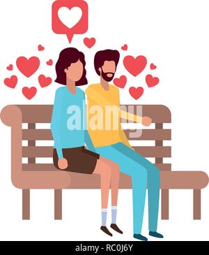 couple sitting on park chair with hearts character Stock Vector