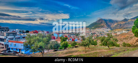 Panoramic view of the village of Chefchaouen, or Chaouen, a picturesque village in the Tangier-Tetouan region, visited by tourists from all over the w Stock Photo