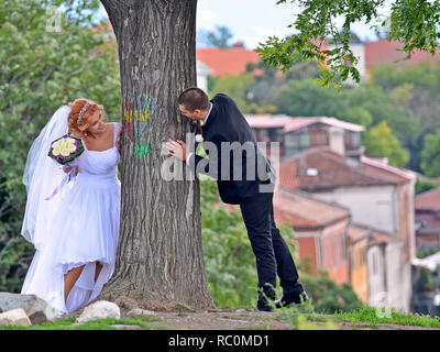 Plovdiv, Bulgaria: Unidentified young Bulgarian couple on their wedding day in Plovdiv Stock Photo