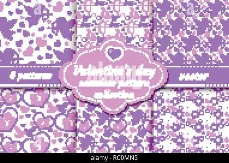 Happy Valentine s Day seamless pattern set. Collection Cute romantic love endless background. Cupid, heart, flowers, couple repeating texture. Vector illustration. Stock Vector