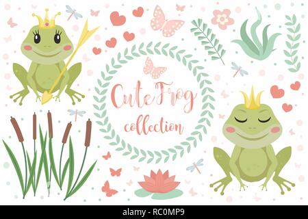 Cute frog princess character set of objects. Collection of design element with marsh reeds, flowers, plants. Kids baby clip art funny smiling animals. Vector illustration. Stock Vector