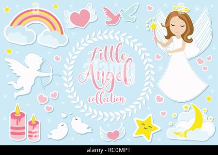 Little angel girl character set of objects. Collection of design element with angels, cupid, clouds, hearts, doves of peace. Kids baby clip art Valentine's Day kit. Vector illustration. Stock Vector