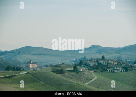 The hills of the Langhe with the Nebbiolo grape vineyards around the village of Barolo in Piedmont, Italy