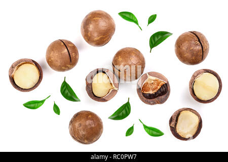 Shelled and unshelled macadamia nuts with leaves isolated on white background. Top view. Flat lay pattern. Stock Photo