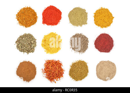 mix or various kinds of spices isolated on a white background. Top view. Flat lay. Set or collection. Stock Photo