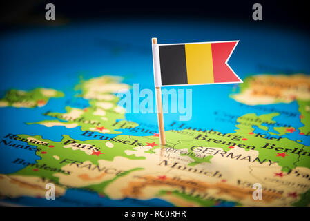 Belgium marked with a flag on the map Stock Photo