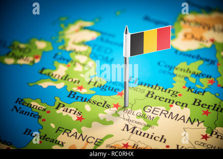 Belgium marked with a flag on the map Stock Photo