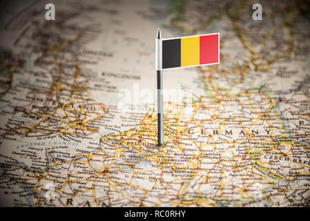 Belgium marked with a flag on the map Stock Photo