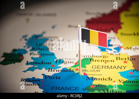 Belgium marked with a flag on the map Stock Photo