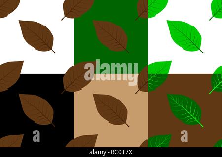 Tobacco leaf seamless pattern, Tobacco leaves (white, black, brown, green) background set, Stock Vector