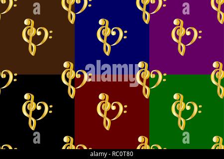 Golden heart - violin and bass clef - seamless pattern, Bass and treble clef, heart ( black, red, white, blue, purple, green ) background, Stock Vector