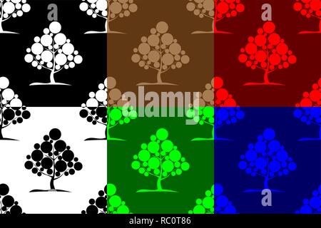 Deciduous tree seamless pattern, Tree (white, black, red, blue, brown, green) background set, Stock Vector