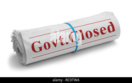Rolled Newspaper with Govt. Closed Headline Isolated on White. Stock Photo