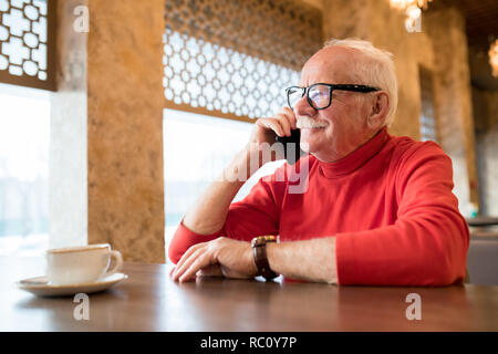 Satisfied elderly entrepreneur having phone conversation Stock Photo